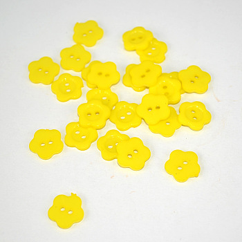Lovely Plum Buttons, Resin Button, Flower, Yellow, about 15mm in diameter, hole: 1.5mm, about 400pcs/bag