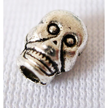 Tibetan Silver Beads, Lead Free & Cadmium Free, Halloween, Skull, Antique Silver, about 7mm wide, 9mm long, Hole: 2mm