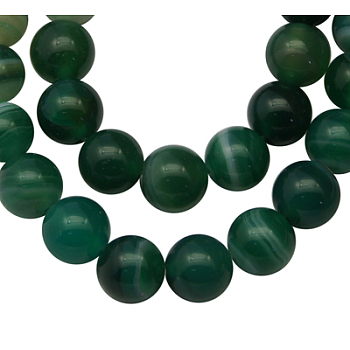 Natural Striped Agate/Banded Agate Beads Strands, Round, Dyed, Green, Size: about 6mm in diameter, hole: 1mm, 63pcs/strand, 15.5 inch