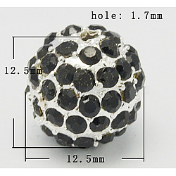 Metal Alloy Rhinestones Beads, Round, Silver Color Plated, Black, Size: about 12.5mm in diameter, hole: 1.7mm(ALRI-B031-2)