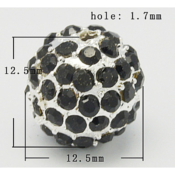 Metal Alloy Rhinestones Beads, Round, Silver Color Plated, Black, Size: about 12.5mm in diameter, hole: 1.7mm