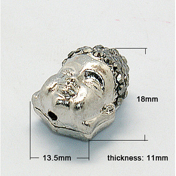 Platinum Alloy Rhinestone Beads, Grade A, Buddha Head, Hematite, 18x13.5x11mm, Hole: 2mm