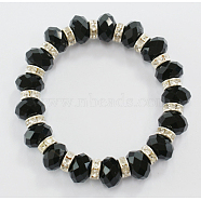 Faceted Rondelle Glass Beads Bracelet, with Rhinestone, Elastic, Black, Bracelet: about 5.5cm inner diameter(B231-27)