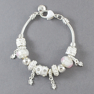 Alloy European Style Bracelets, with Alloy Rhinestone Enameled Beads and Glass Beads, White, 7-7/8 inch(20cm) long(BJEW-S620-9)