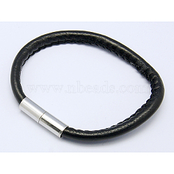 Imitation Leather Bracelets, with Brass Magnetic Clasps, Black, Size: Bracelet: about 60mm inner diameter, Cord: about 4mm wide, 5mm long(BJEW-H027-5)