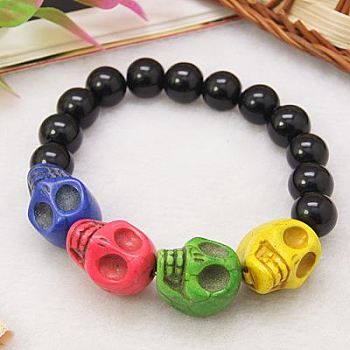 Stretchy Glass Bracelets for Halloween, with Colorful Skull Synthetical Howlite Beads, Glass Beads and  Elastic Crystal Thread, Colorful, 55mm