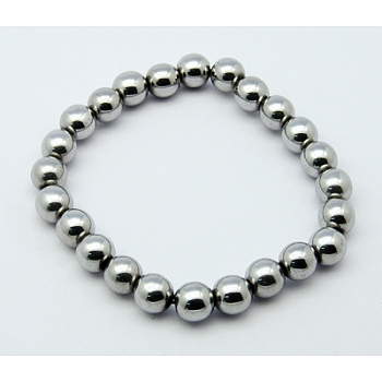 Round Synthetic Magnetic Hematite Stretch Beaded Bracelets, Silver, 50mm, Bead: 8mm 