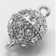 Alloy Magnetic Clasps with Loops, with Rhinestone, Round, Platinum, about 10mm wide, 17mm long, hole: 1.8mm(BSAHH043)
