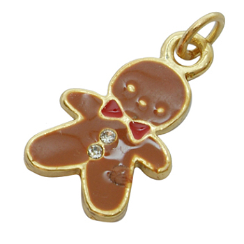 Alloy Enamel Pendants, Cadmium Free & Lead Free, with Rhinestone, Lovely Christmas Gingerbread Man, Nice for Holiday Jewelry Making, Golden Color, Brown, about 11mm wide, 22mm long,1.5mm thick, hole:3mm