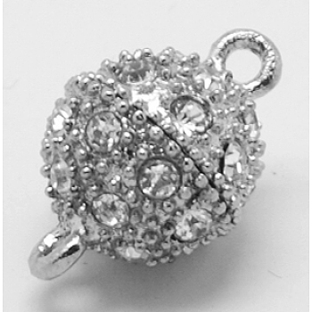 Alloy Magnetic Clasps with Loops, with Rhinestone, Round, Platinum, about 10mm wide, 17mm long, hole: 1.8mm
