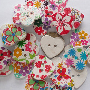 Sweetheart 2-hole Buttons with Various Painting Pattern, Wooden Buttons, Mixed Color, about 22mm long, 25mm wide,Hole:2mm, 100pcs/bag(NNA1135)