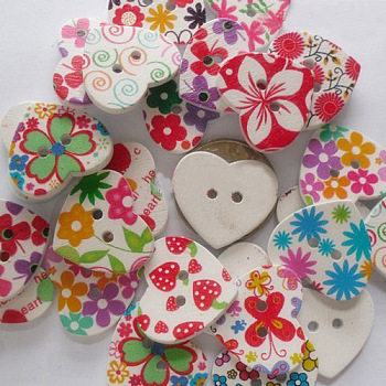 Sweetheart 2-hole Buttons with Various Painting Pattern, Wooden Buttons, Mixed Color, about 22mm long, 25mm wide,Hole:2mm, 100pcs/bag