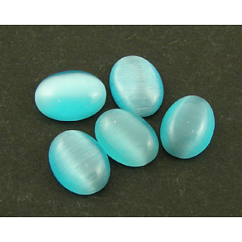Cat Eye Cabochons, Oval, Deep Sky Blue , about 6mm wide, 8mm long, 3mm thick