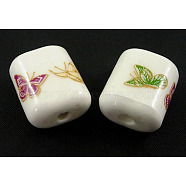 Handmade Ornamental with Gold Porcelain Beads, Tube, Butterfly Pattern, White, 17.5mmx14.5mmx9.5mm, hole: 1mm(CF161Y)