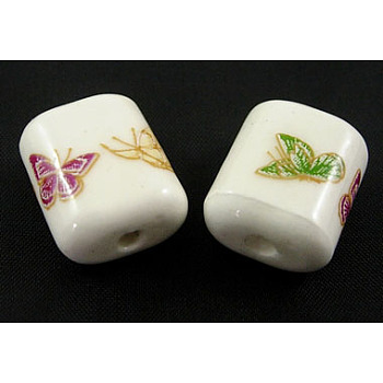 Handmade Ornamental with Gold Porcelain Beads, Tube, Butterfly Pattern, White, 17.5mmx14.5mmx9.5mm, hole: 1mm