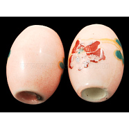 Handmade Porcelain Beads, Printed, Oval, Pink, about 10.5mm long, 8mm wide, hole: 2mm(CF325Y-5)