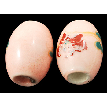 Handmade Porcelain Beads, Printed, Oval, Pink, about 10.5mm long, 8mm wide, hole: 2mm