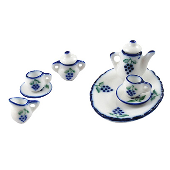 Home Decoration, Porcelain Tea Set, Blue, saucer1: 48x35mm, saucer2: 16mm, teapot1: 21x19mm, teapot2: 16x18mm, teapot3: 11 x13mm