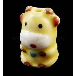 Handmade Famille Rose Porcelain Beads, Chinese Zodiac-Ox, Yellow, about 18mm long, 13mm wide, 12mm thick, hole: 2mm(CFF024Y-11)
