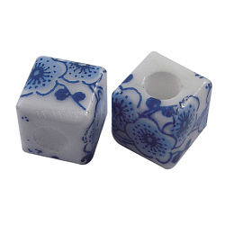 Handmade Blue and White Porcelain Beads, Cube, Blue, about 10mm long, 10mm wide, 10mm thick, hole: 2.5mm(CFF047Y)