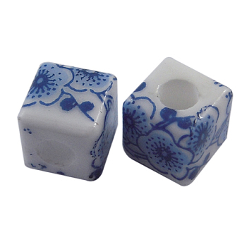 Handmade Blue and White Porcelain Beads, Cube, Blue, about 10mm long, 10mm wide, 10mm thick, hole: 2.5mm