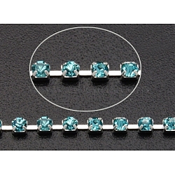Brass Grade A Rhinestone Cup Chain Strass Chains, with Cyan Rhinestone, Silver Color Plated, 2.5mm(CHC-J003-2)