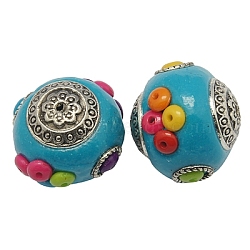 Handmade Indonesia Beads, with Brass Core, Round, Sky Blue, Size: about 24mm wide, 21mm long, hole: 1.5mm.(CLAY-G004-5)