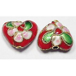 Handmade Cloisonne Beads, Cadmium Free & Lead Free, Heart, Red, 12mm, Hole:2mm(CLB052Y-3)