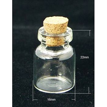 Glass Jar Bead Containers, with Cork Stopper, Wishing Bottle, Clear, 16x22mm, Bottleneck: 10mm in diameter, Capacity: 3.5ml(0.12 fl. oz)