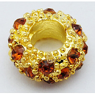Alloy Rhinestone European Beads, Large Hole Beads, Golden Metal Color, Smoked Topaz, 11x6mm, Hole: 5mm(CPDL-H997-4)