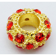 Alloy Rhinestone European Beads, Large Hole Beads, Golden Metal Color, Light Siam, 11x6mm, Hole: 5mm(CPDL-H997-7)