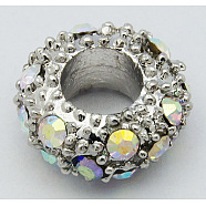 Alloy Rhinestone European Beads, Large Hole Beads, Rondelle, Platinum Metal Color, Crystal AB, 11x6mm, Hole: 5mm(CPDL-H998-11)