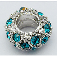 Alloy Rhinestone European Beads, Large Hole Beads, Rondelle, Platinum Metal Color, Blue Zircon, 11x6mm, Hole: 5mm(CPDL-H998-13)