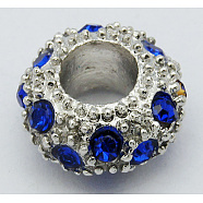 Alloy Rhinestone European Beads, Large Hole Beads, Rondelle, Platinum Metal Color, Sapphire, 11x6mm, Hole: 5mm(CPDL-H998-16)