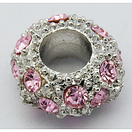 Alloy Rhinestone European Beads, Large Hole Beads, Rondelle, Platinum Metal Color, Rose, 11x6mm, Hole: 5mm(CPDL-H998-4)