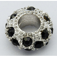 Alloy Rhinestone European Beads, Large Hole Beads, Rondelle, Platinum Metal Color, Jet, 11x6mm, Hole: 5mm(CPDL-H998-7)