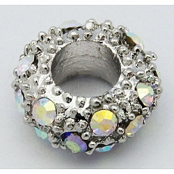 Alloy Rhinestone European Beads, Large Hole Beads, Rondelle, Platinum Metal Color, Crystal AB, 11x6mm, Hole: 5mm(CPDL-H998-11)