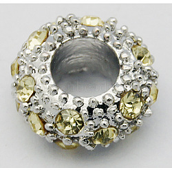 Alloy Rhinestone European Beads, Large Hole Beads, Rondelle, Platinum Metal Color, Jonquil, 11x6mm, Hole: 5mm(CPDL-H998-15)