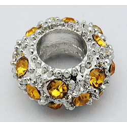 Alloy Rhinestone European Beads, Large Hole Beads, Rondelle, Platinum Metal Color, Topaz, 11x6mm, Hole: 5mm(CPDL-H998-20)
