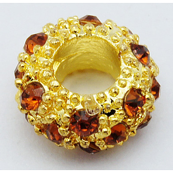 Alloy Rhinestone European Beads, Large Hole Beads, Golden Metal Color, Smoked Topaz, 11x6mm, Hole: 5mm