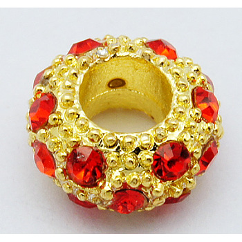 Alloy Rhinestone European Beads, Large Hole Beads, Golden Metal Color, Light Siam, 11x6mm, Hole: 5mm