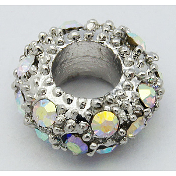 Alloy Rhinestone European Beads, Large Hole Beads, Rondelle, Platinum Metal Color, Crystal AB, 11x6mm, Hole: 5mm