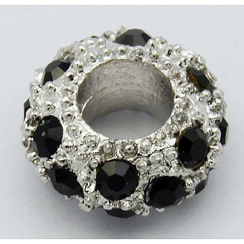 Alloy Rhinestone European Beads, Large Hole Beads, Rondelle, Platinum Metal Color, Jet, 11x6mm, Hole: 5mm