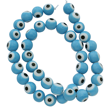 Handmade Italianate Lampwork Beads Strands, Evil Eye Style, Round, Sky Blue, 8mm, Hole: 1mm, about 48pcs/strand, 14 inch