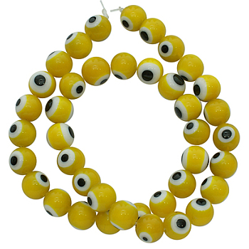 Handmade Italianate Lampwork Beads Strands, Evil Eye Style, Round, Yellow, 8mm, Hole: 1mm, about 48pcs/strand, 14 inch