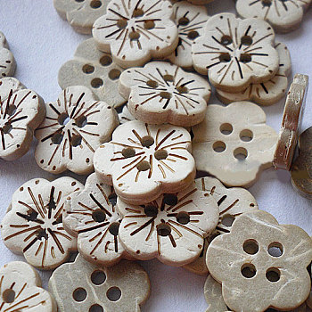 Carved 4-hole Basic Sewing Button in Flower Shape, Coconut Button, Old Lace, about 18mm in diameter, about 100pcs/bag