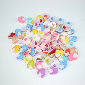 Heart with Flower Buttons, ABS Plastic Button, Mixed Color, about 15mm in diameter, hole: 3mm, about 400pcs/bag