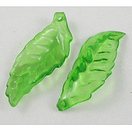 Transparent Acrylic Pendants, Leaf, Green, about 27~30mm long, 10mm wide, 2mm thick, hole: 1.5mm, about 1500pcs/500g(DBLA221-9)