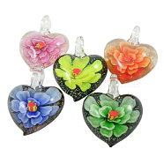 Handmade Lampwork Pendants, Heart, Mixed Color, about 35mm wide, 43mm long, hole: 7mm(DP361J)