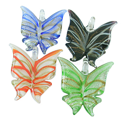 Handmade Gold Sand Lampwork Pendants, Butterfly, Mixed Color, about 45mm wide, 49mm long, hole: 8mm(DP391J)